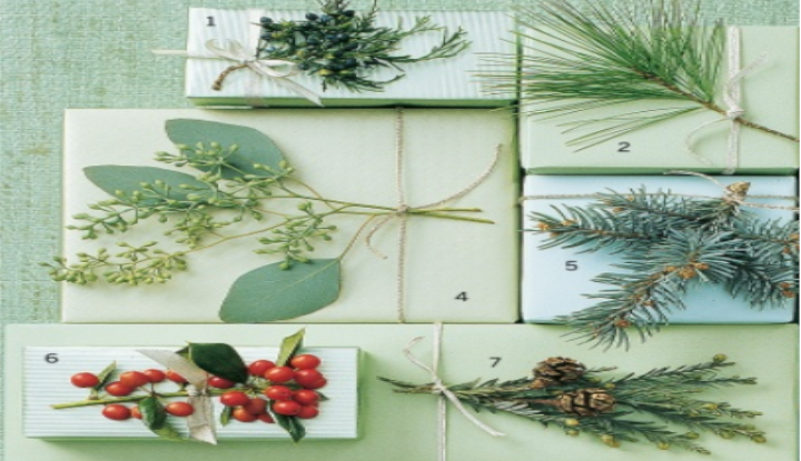 Papel sencillo, ramas naturales, hojas aromáticas, material natural y detalles típicos de la temporada.