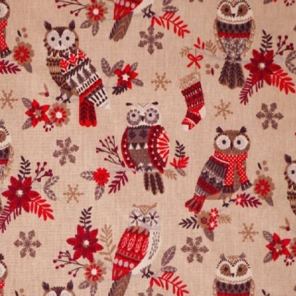 telas navideñas algodón con búhos en colores